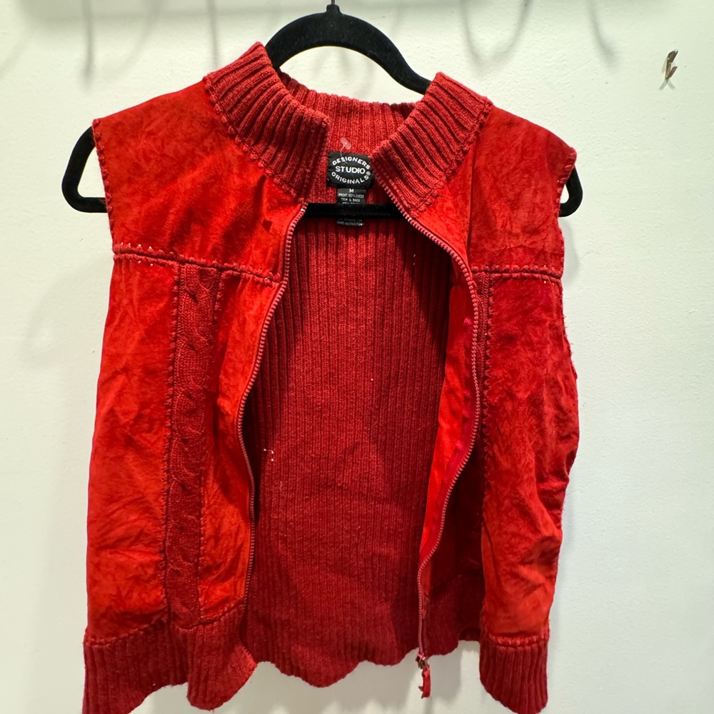 Red suede and knit vintage zip up vest
